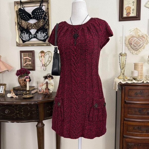 Y2k girly grunge twee dark coquette red and lack knit mini tunic babydoll dress - Picture 2 of 5